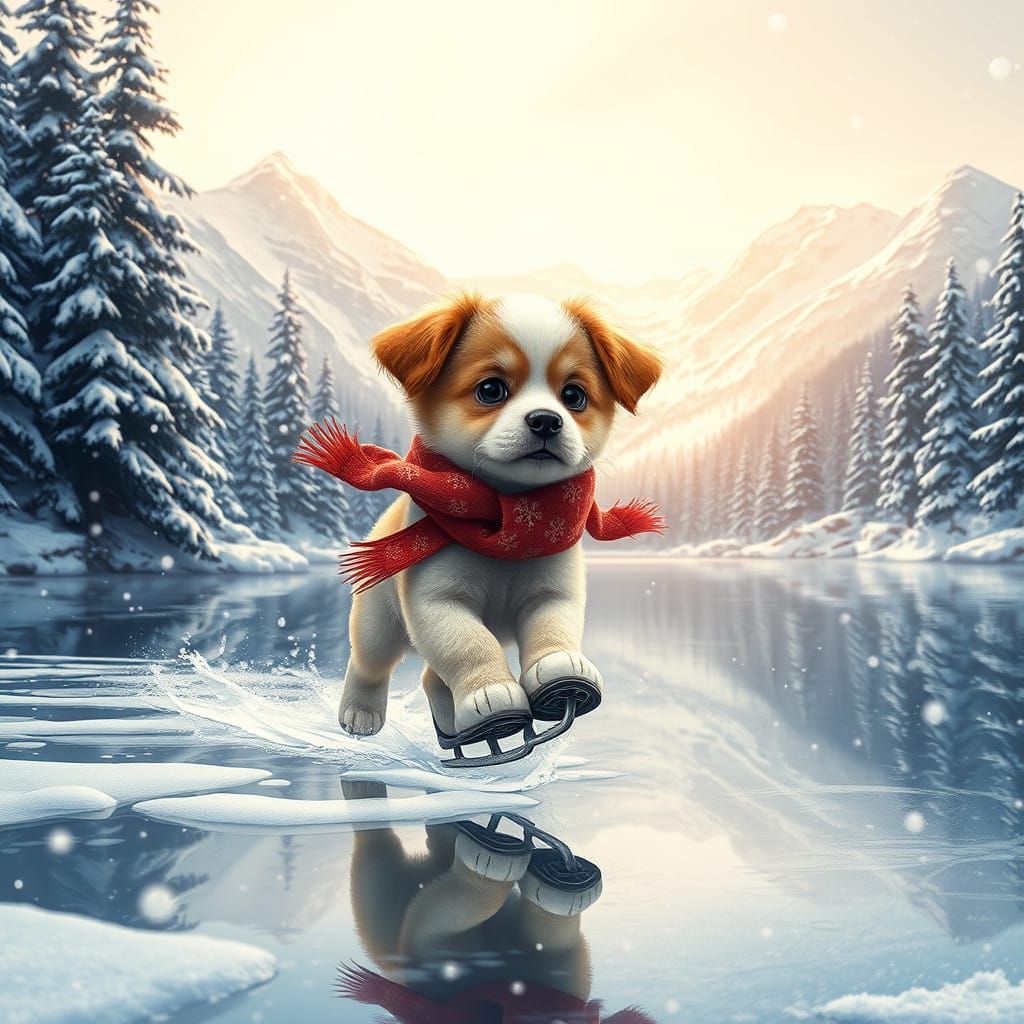 Whimsical Puppy Ice Skating in Majestic Snowy Landscape
