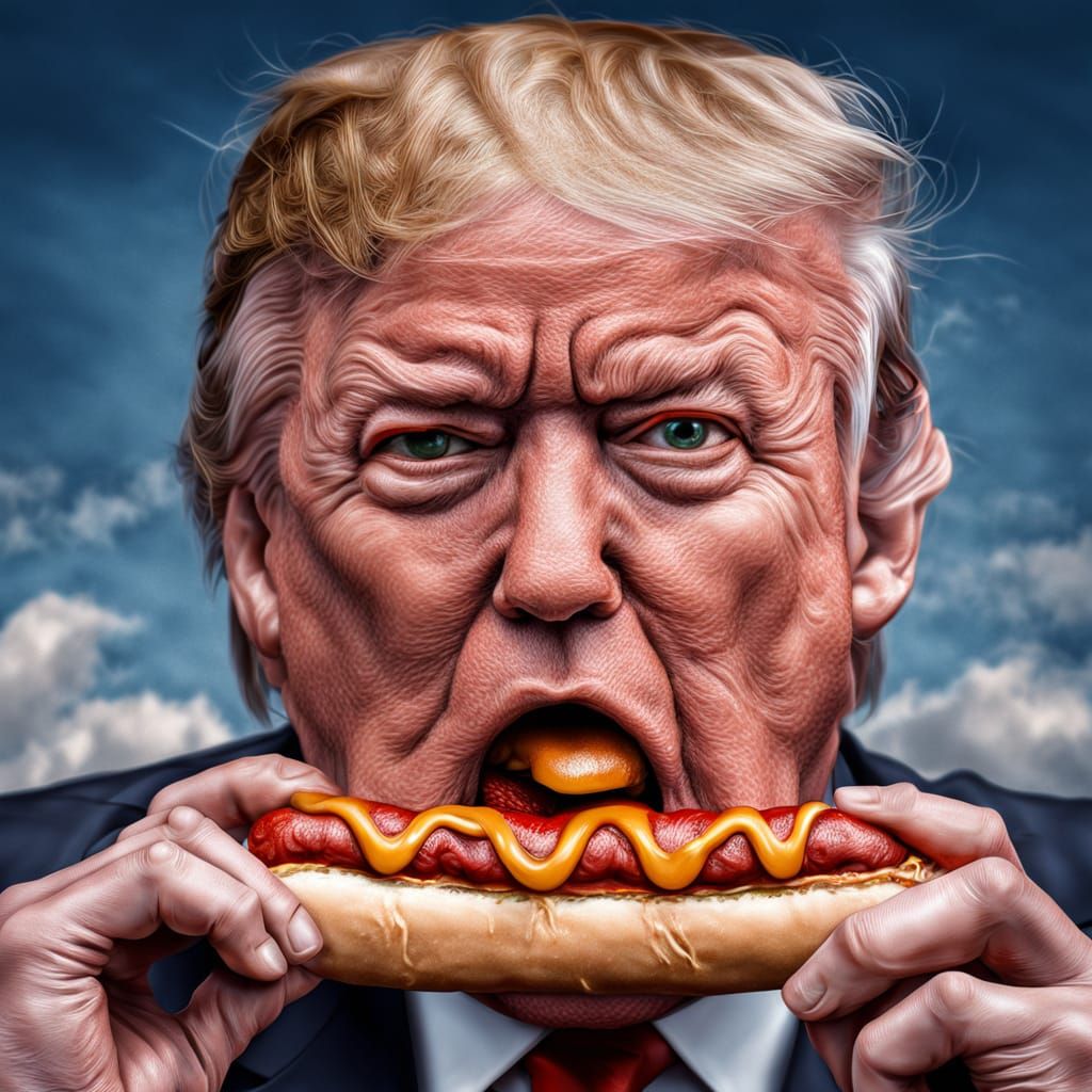 Hyperrealistic Man Eating Hotdog with Bulging Eyes