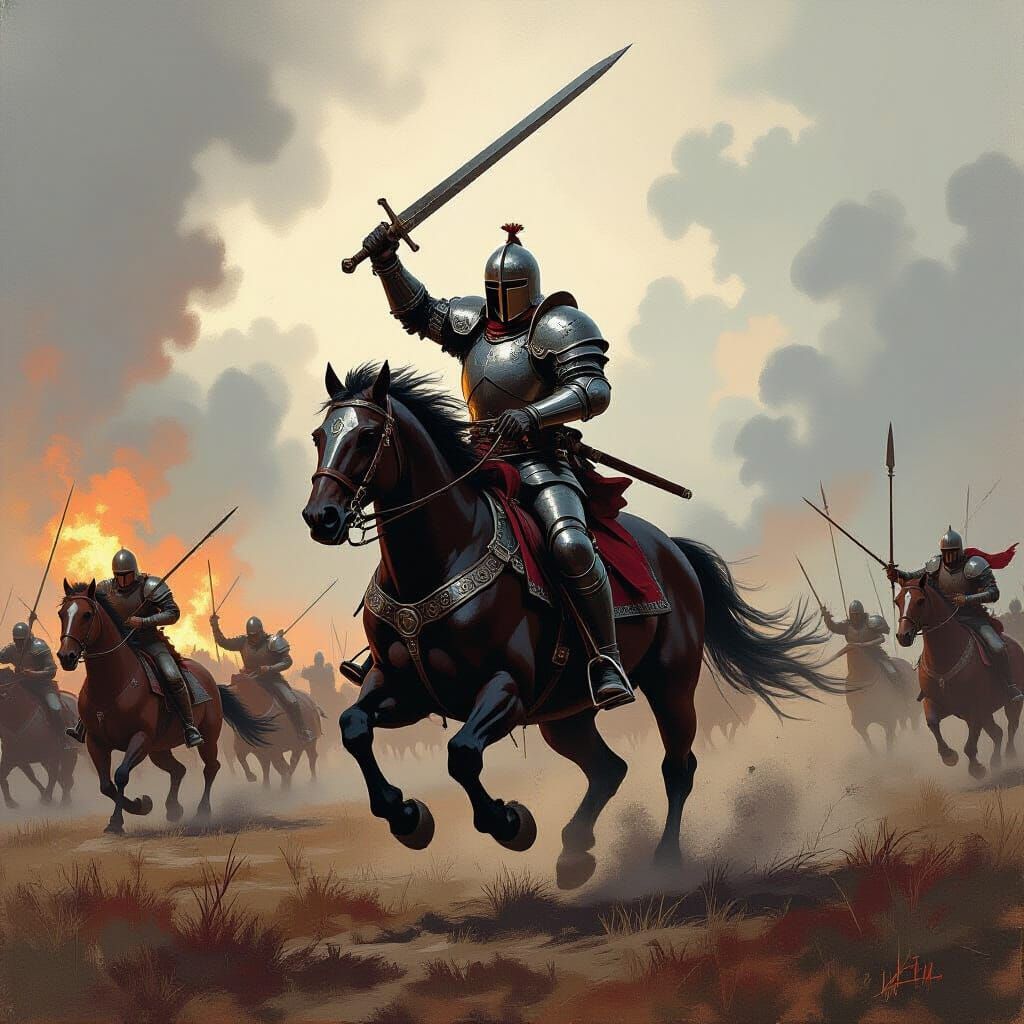 Armored Soldier Charges on Battlefield in Fantasy Art Style