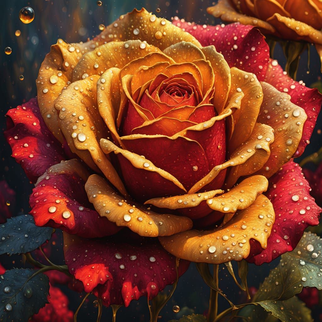 Scarlet and Gold Rose Impasto Oil Painting