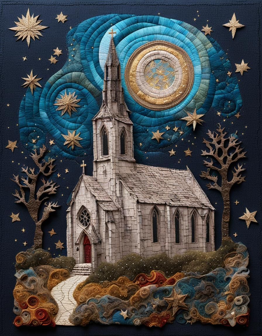 Mystical Church Fabric Collage with Embroidery