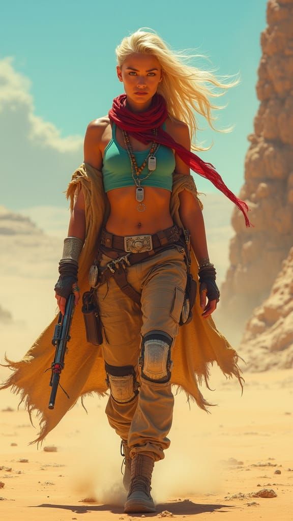 Elegant Desert Warrior Stands Tall in the Wasteland, Cyberpu...