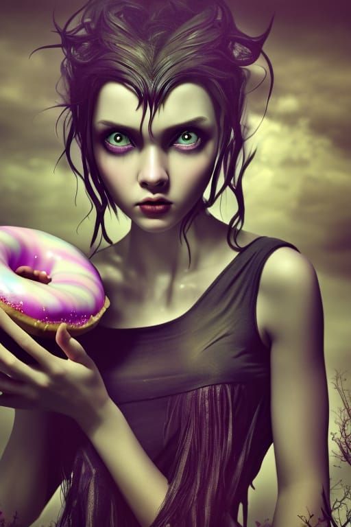 Girl fairy toddler holding giant donut