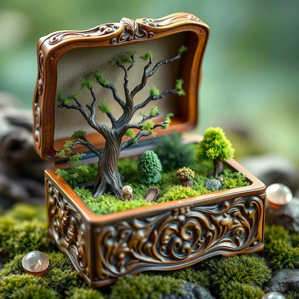 Mystical Miniature Forest in Carved Wooden Box