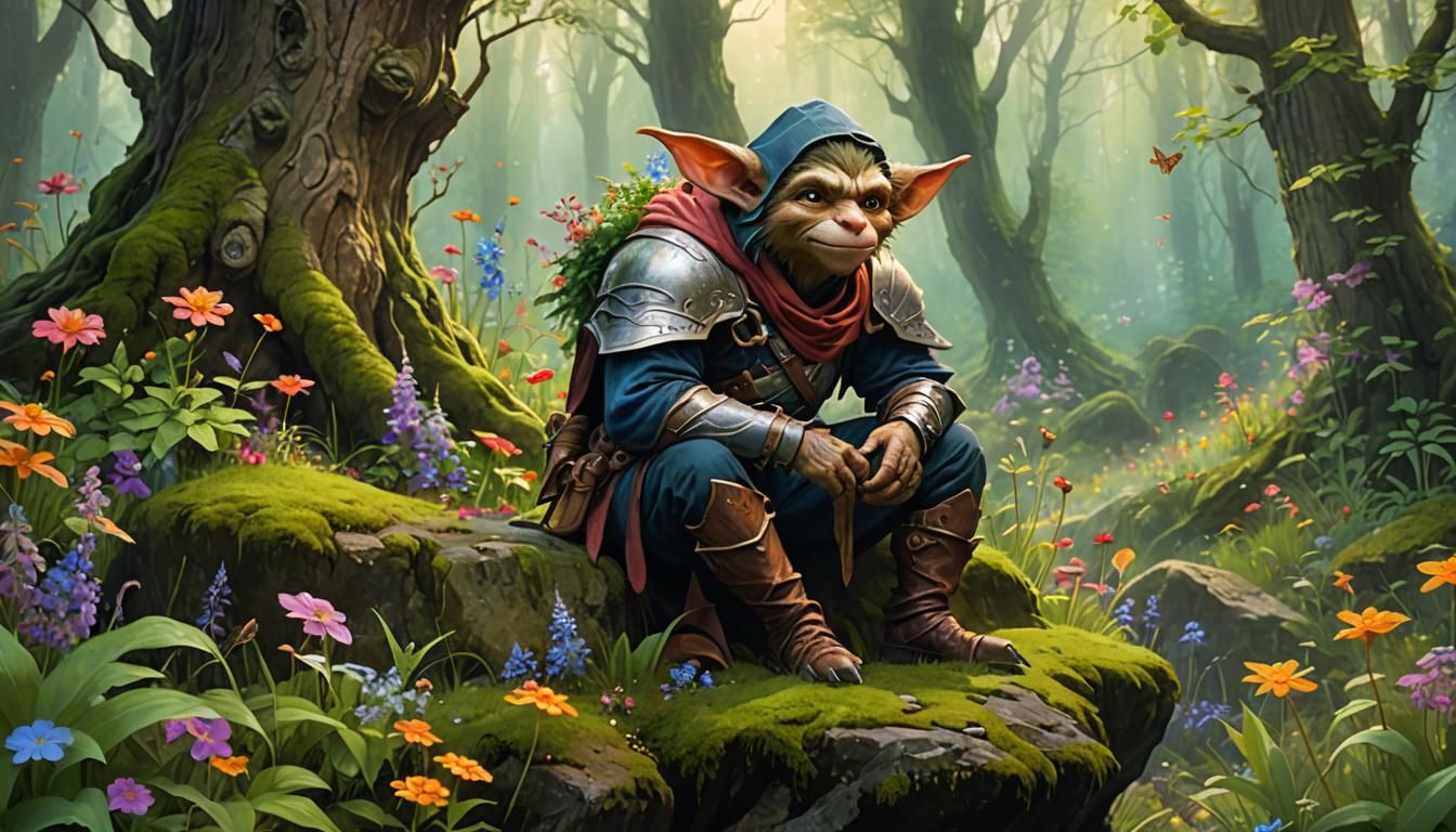 Whimsical Hobgoblin Warrior in a Peaceful Fantasy Forest
