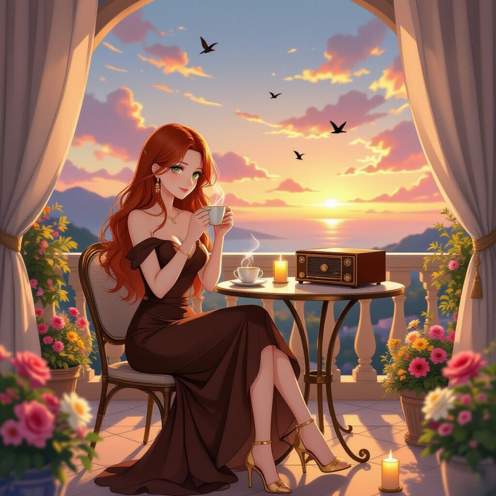 Woman Enjoys Coffee on Villa Terrace at Sunset