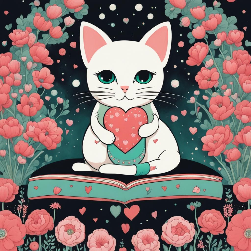 Cute Cat Surrounded by Flowers in Pop-Surrealist Style