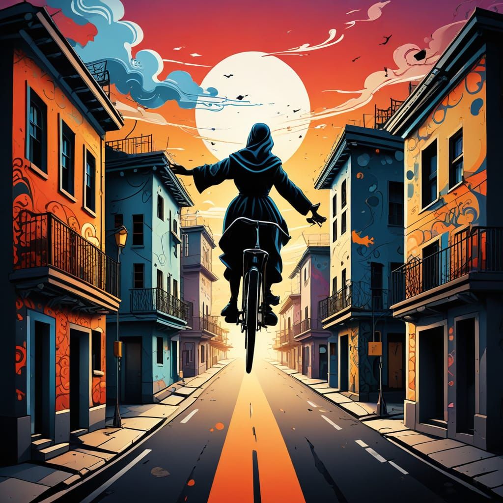Nun on Flying Bicycle in Surreal Sunset Scene
