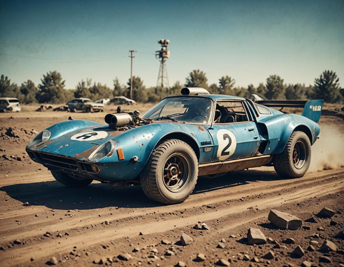 Atompunk Racing Car on Dirt Track in Polaroid Style