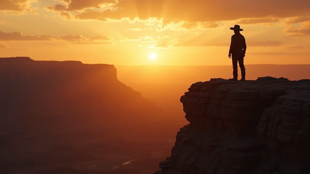 a lone cowboy standing on a rocky cliff