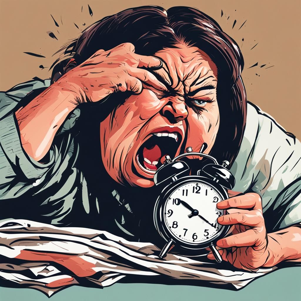 Angry Sleepy Woman Silencing Alarm Clock