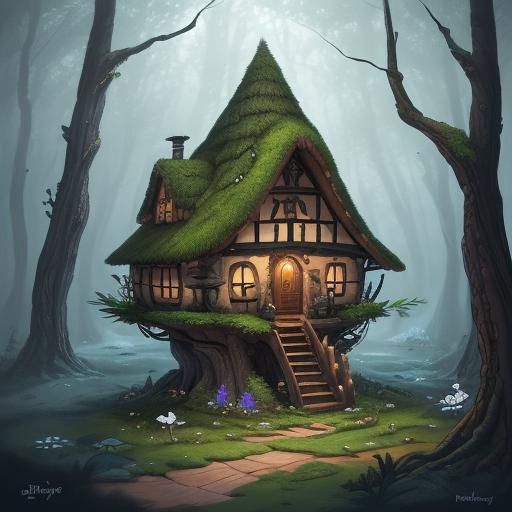 Minimalist Fairy House Line Art Illustration