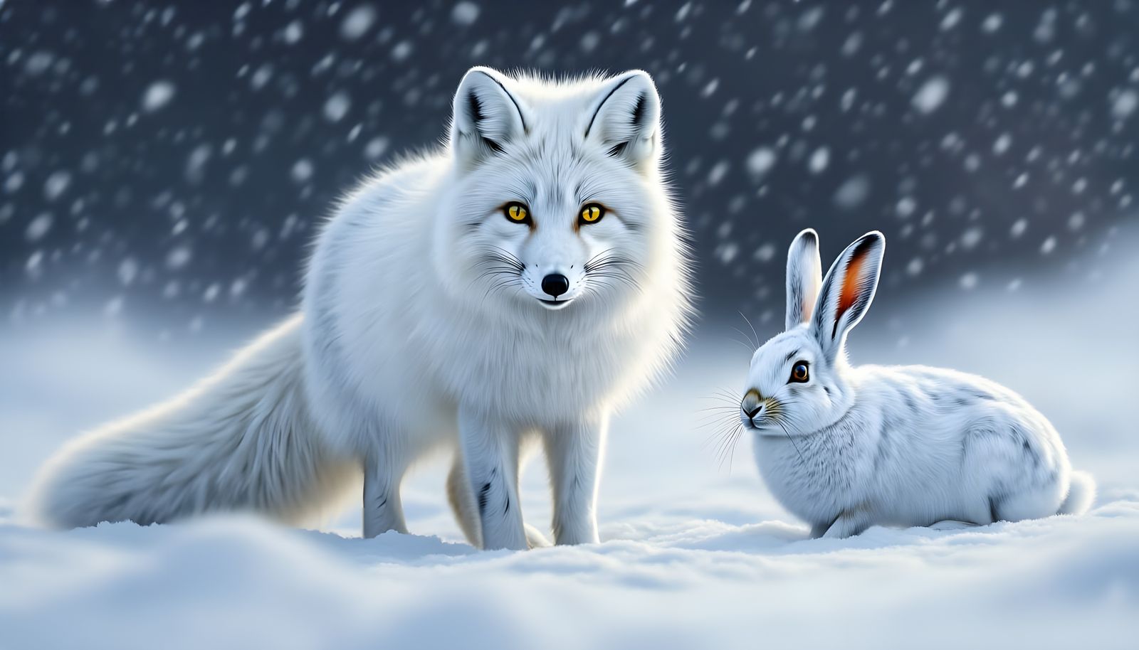 Arctic Fox Stalks Hare in Hyperrealistic Snowy Tundra