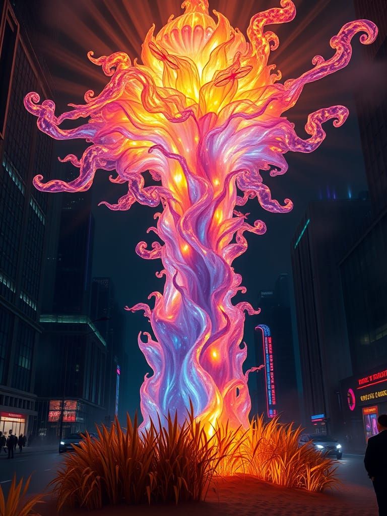 Liquid Fire Sculpture Amidst Neon Cityscape