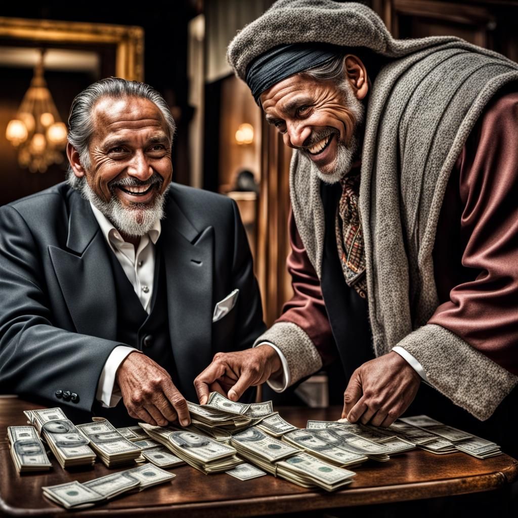 Smiling Man Receives Money, Hyperrealistic Image