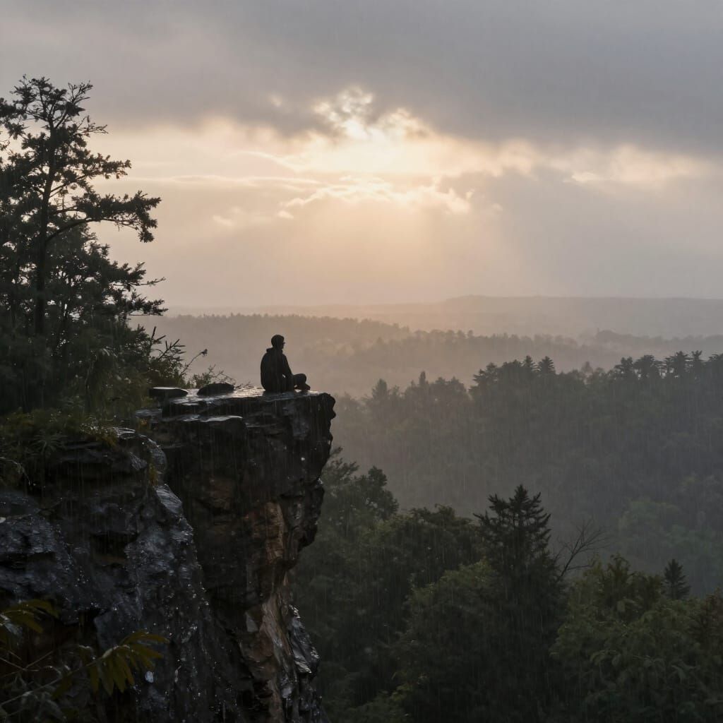 Figure on Cliff Overlooking Rainy Forest at Dawn
