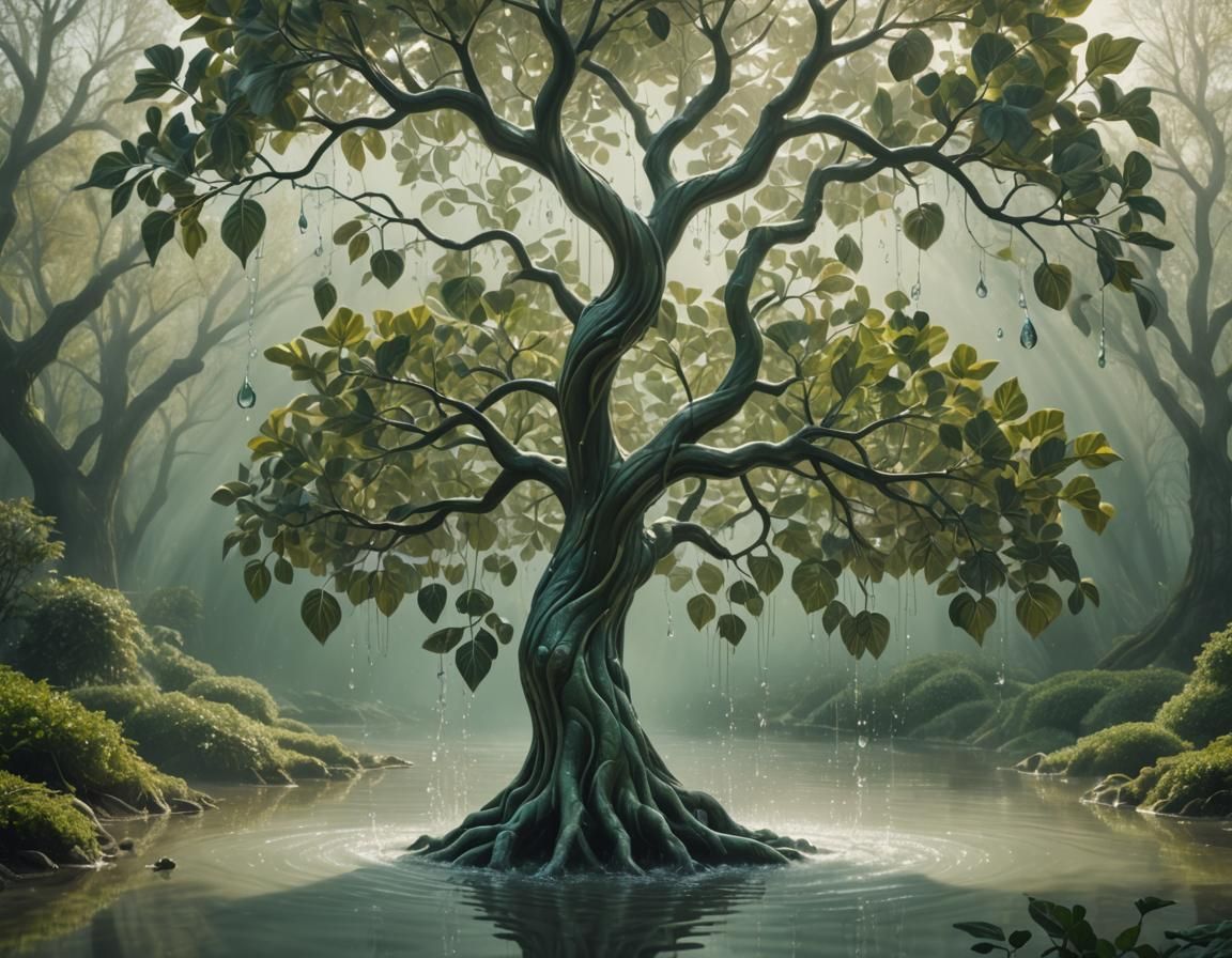 Surrealist Tree of Knowledge in Dreamlike Landscape