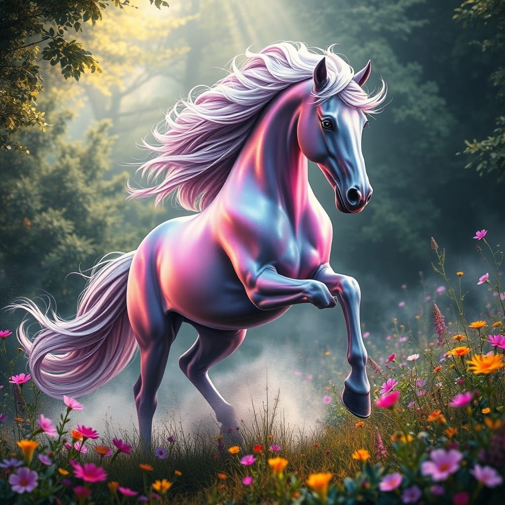 Majestic Iridescent Horse in Whimsical Dreamlike Environment