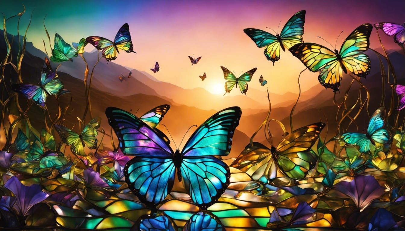 Iridescent Stained Glass Butterflies in Panorama