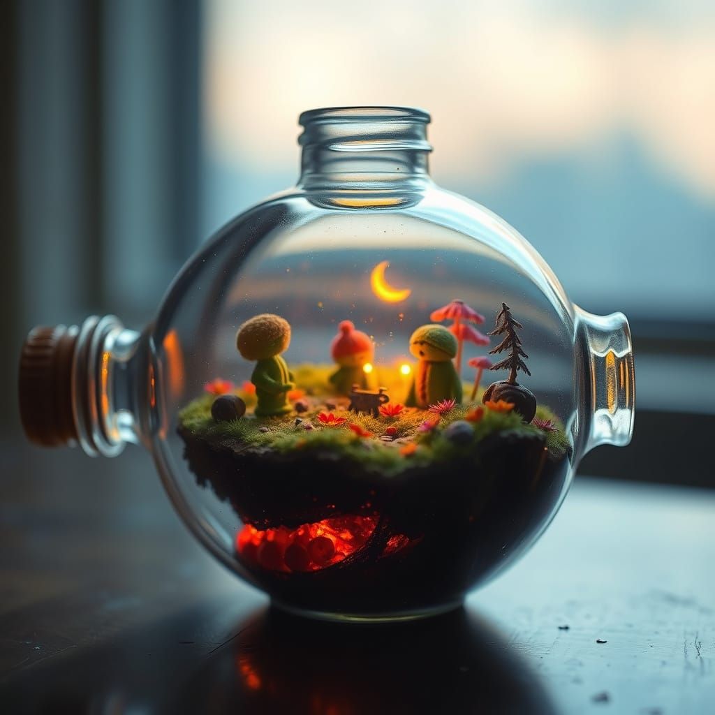 Surreal World in a Glowing Glass Bottle
