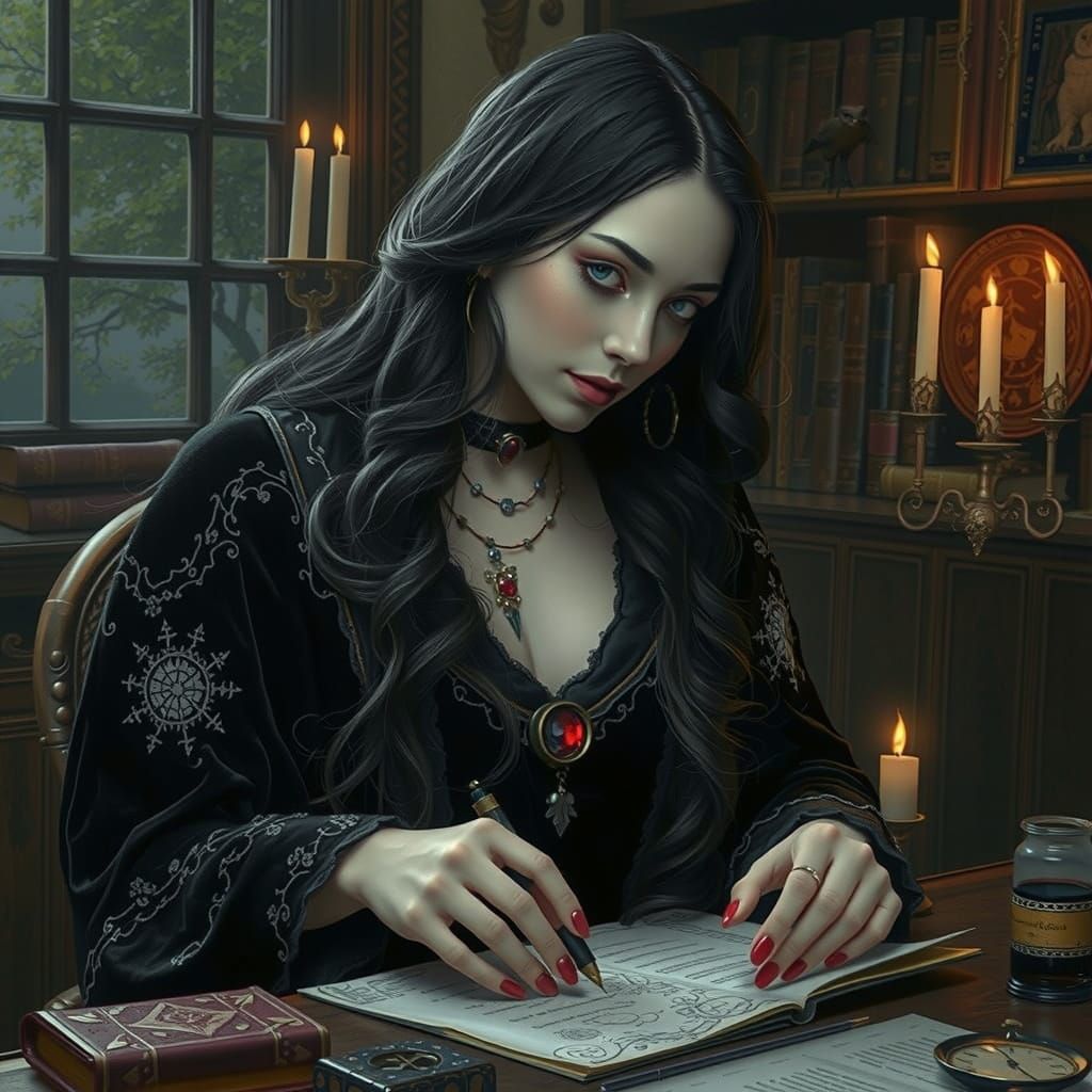 Gothic Woman in Baroque Study, Enchanted Journalist