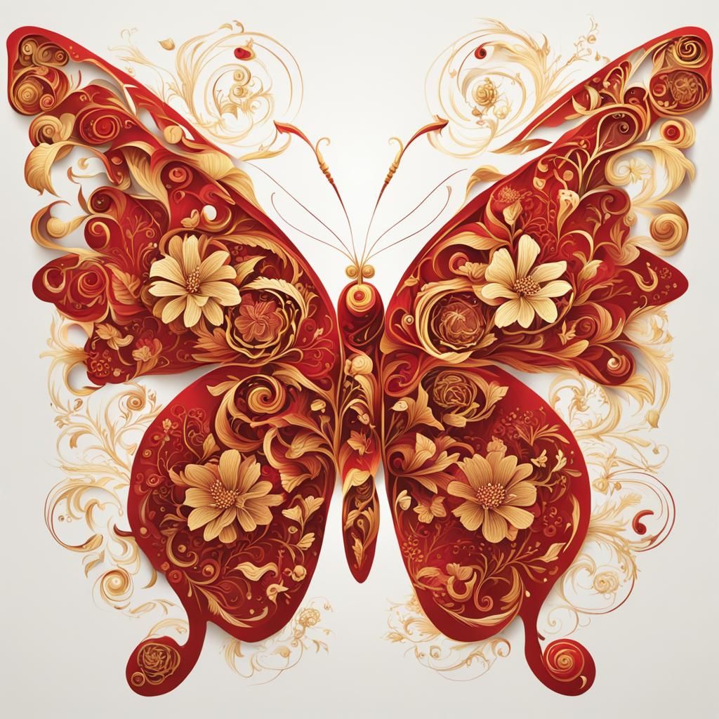 Intricate Red and Gold Butterfly with Floral Wing