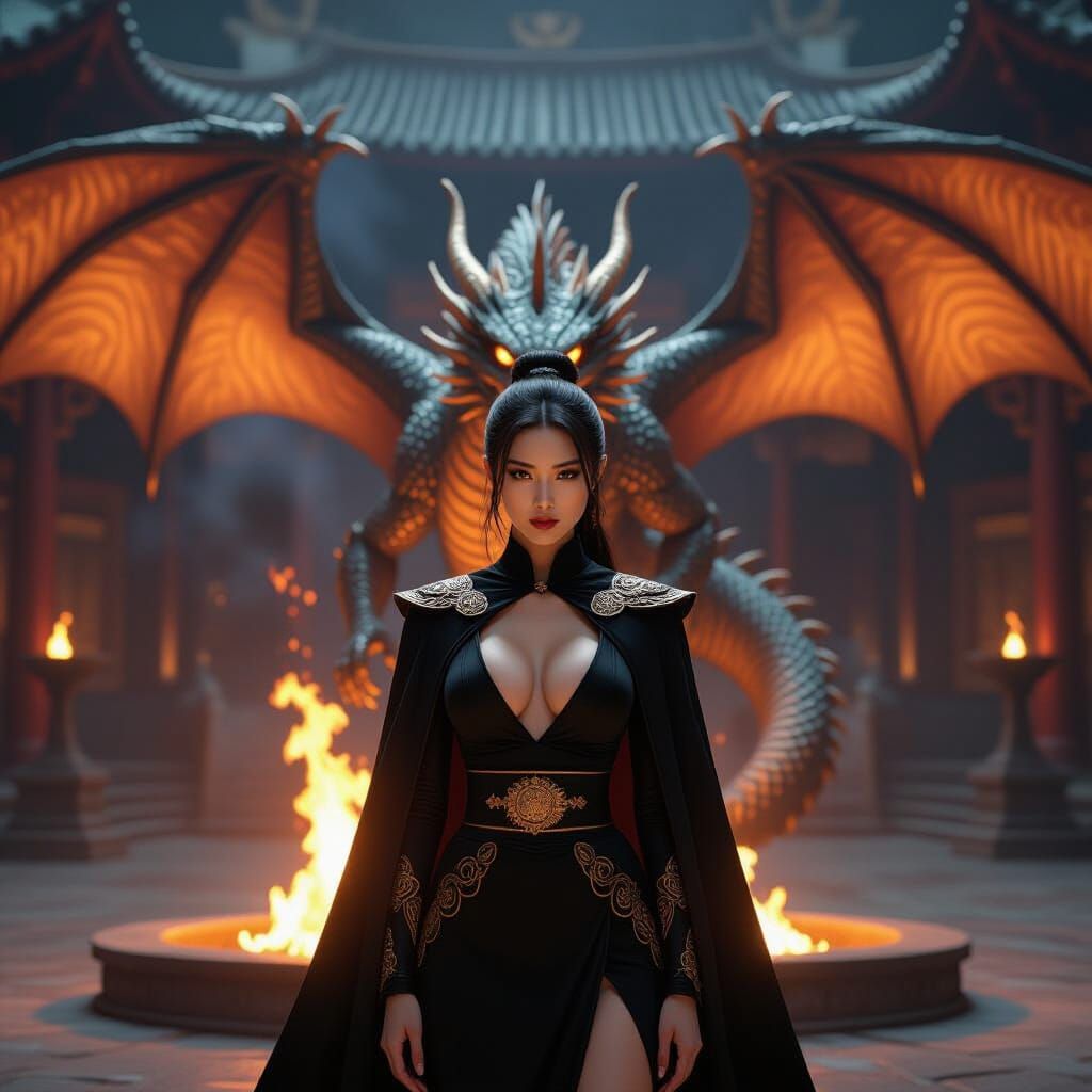 Mystical Arena Confrontation: Woman and Dragon in Cel-Shaded...