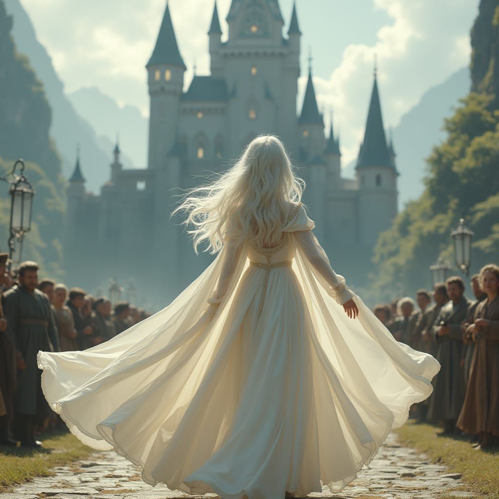 Girl Dancing Before Castle in Hyperrealistic Style
