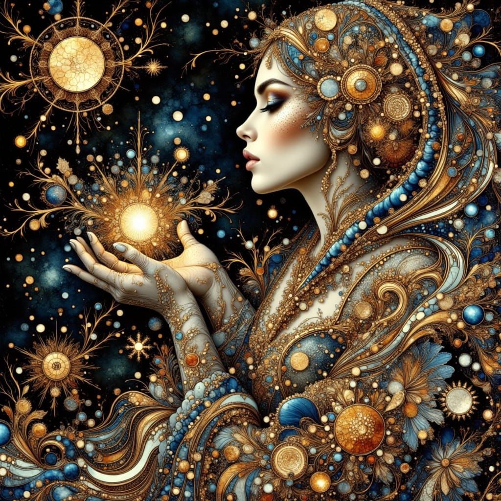 Sorceress Casting Spell Under Starry Night Sky