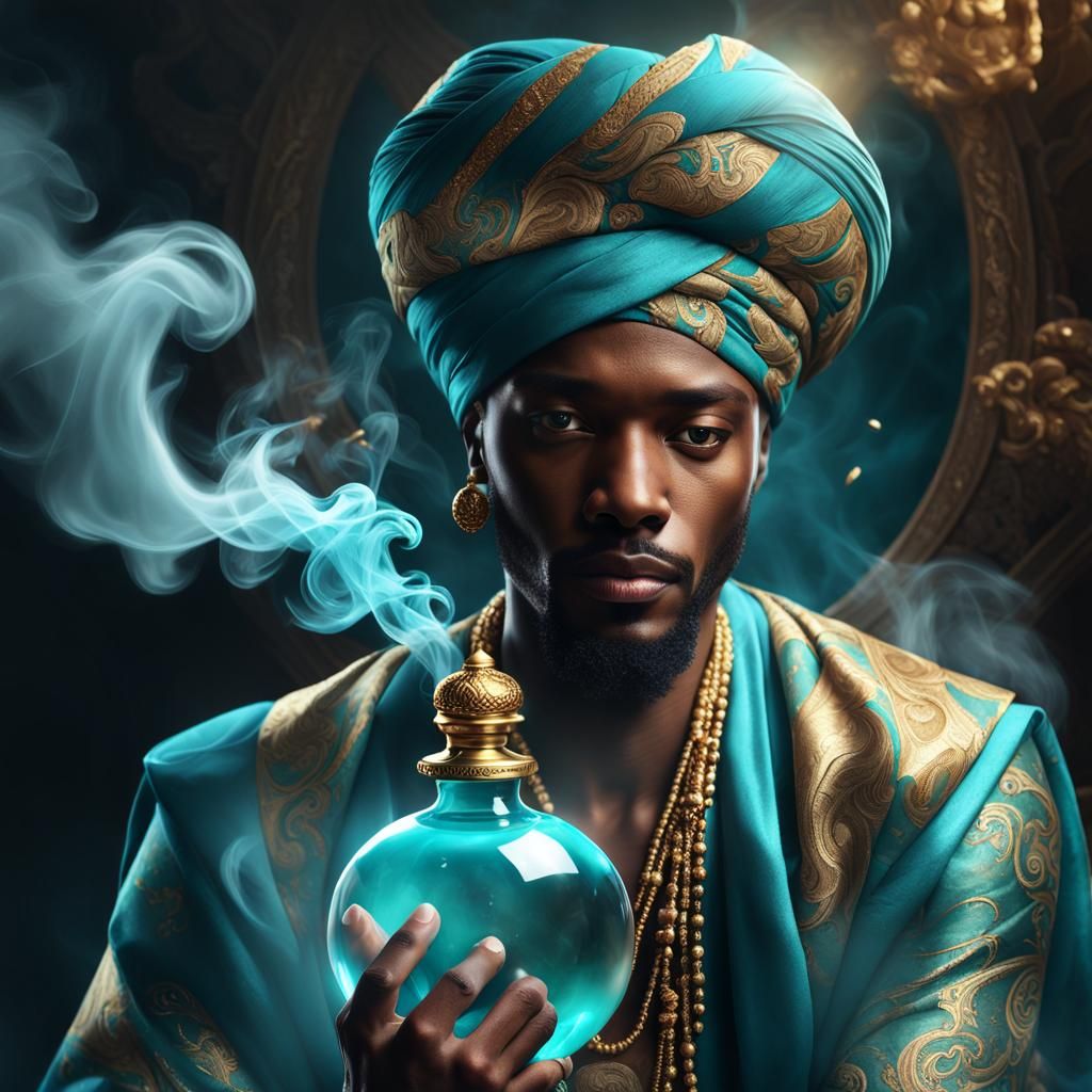 A Handsome Genie Emerges in Splendid Turquoise and Gold