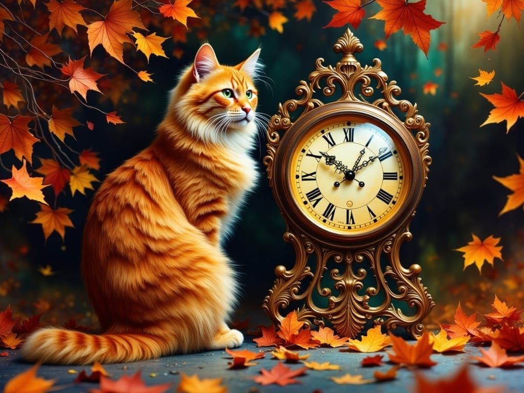 Orange Cat with Autumn Leaves Next to Clock