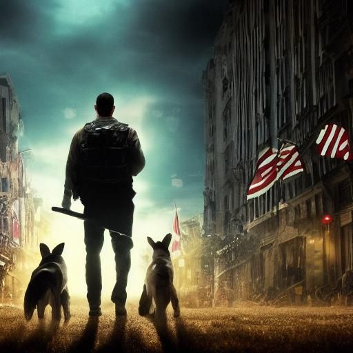 Dramatic Film Still: Woman with Flag in Chaos