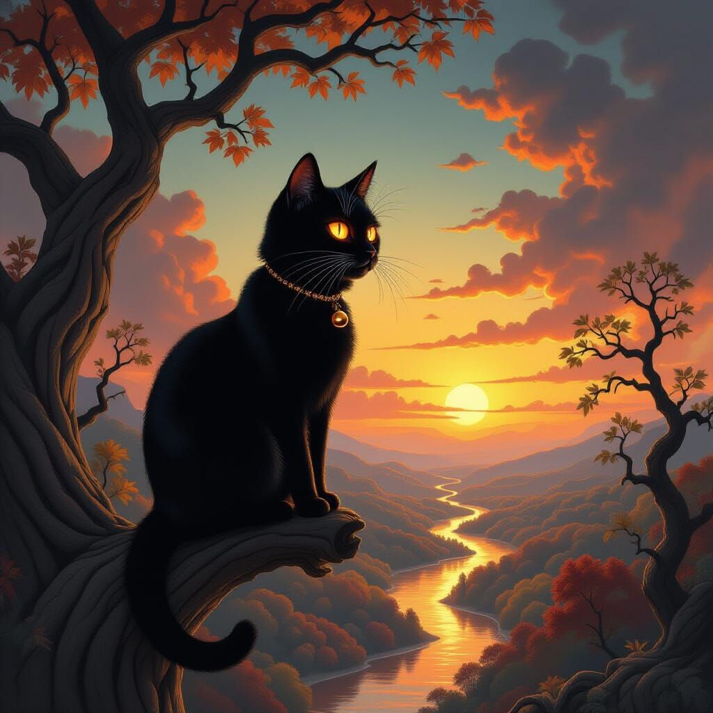 Black Cat Observes Dreamscape in Classical Style