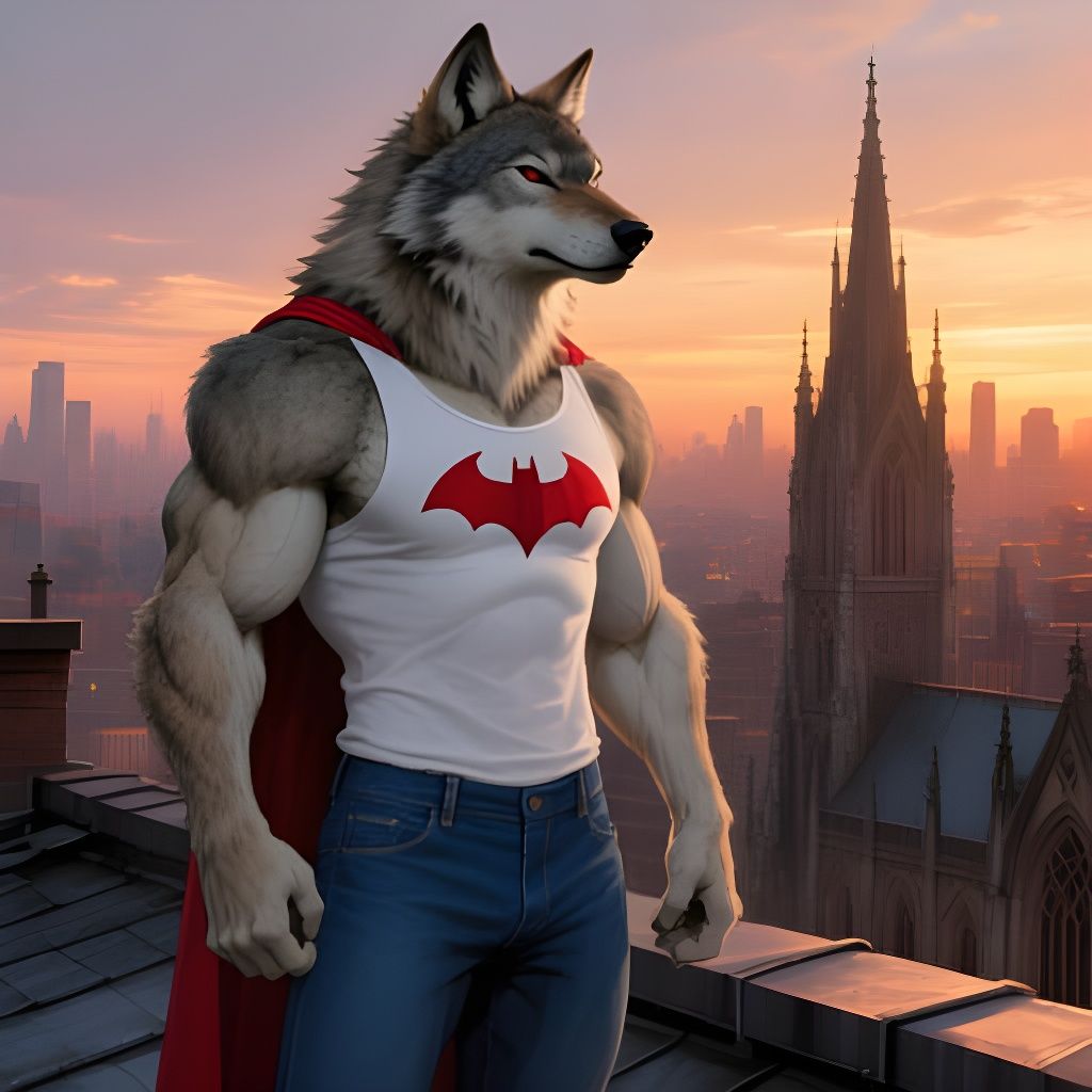 Muscular Wolf Rooftop Vigilante at Sunset