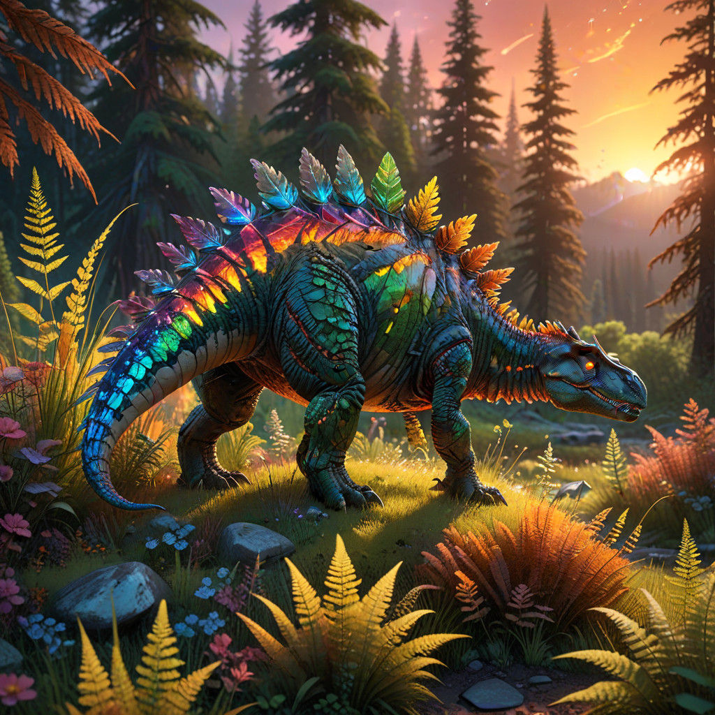 Crystal Dinosaur in a Vibrant Gemstone Meadow