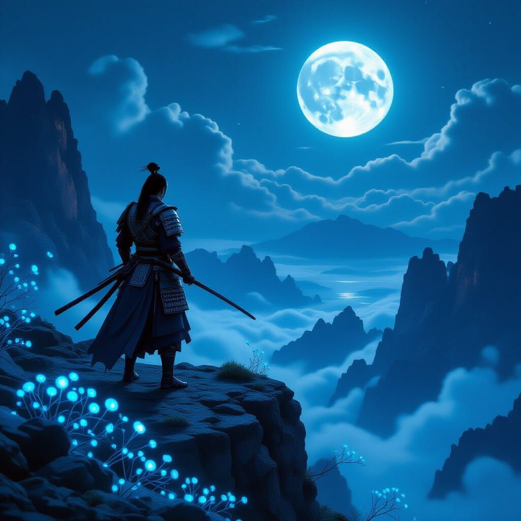 Samurai Warrior Overlooking Alien Landscape in Matte Paintin...