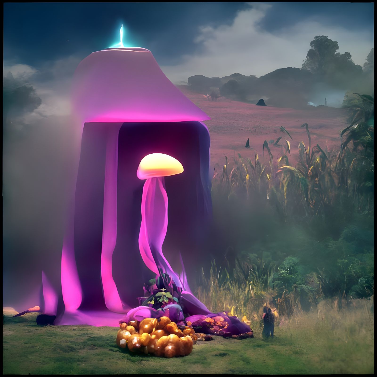 Psychedelic Corn Mushroom Dreamscape in Bizarre Colors