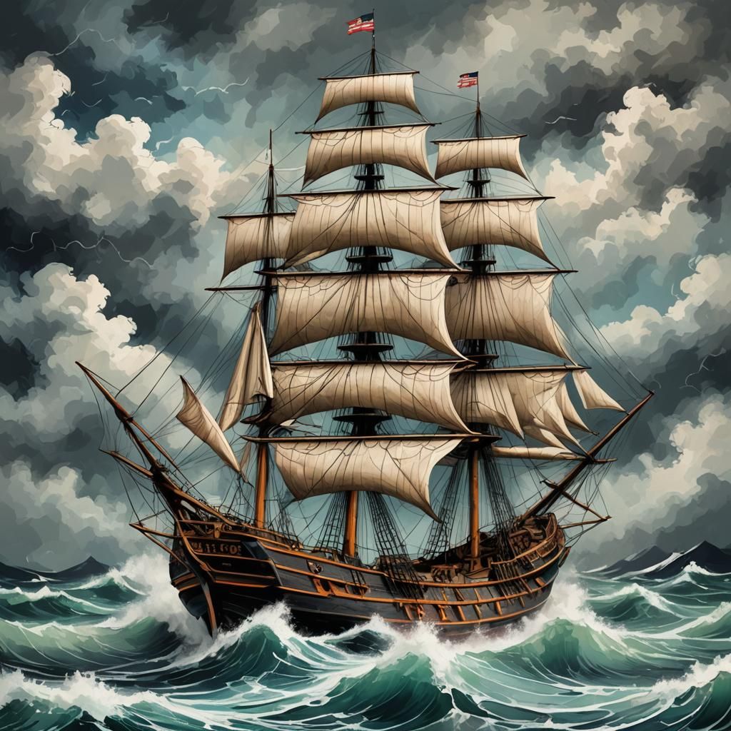 Old Sailing Ship Battles Storm in Abstract Art