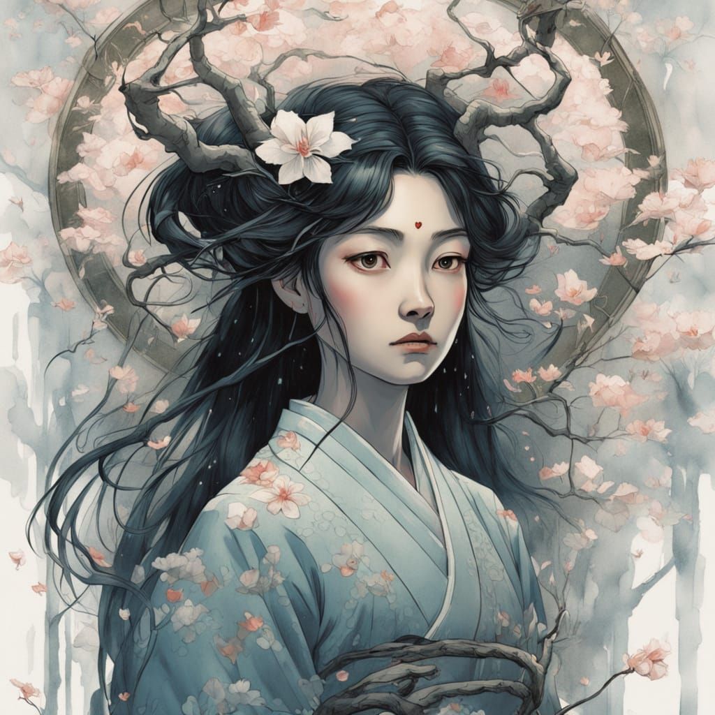 Mystical Japanese Fairy Maiden in Moonlit Bamboo Grove