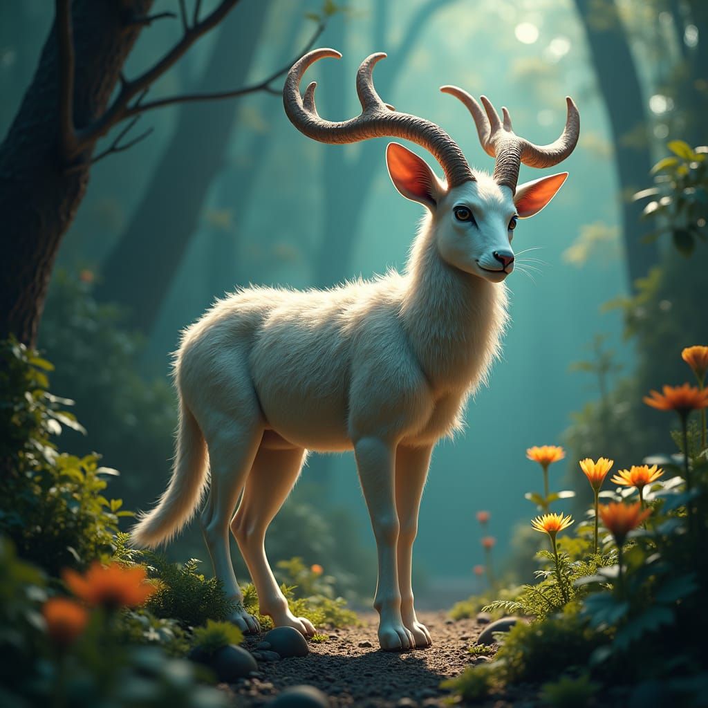 Majestic Cat-Gazelle Hybrid in Mystical Environment