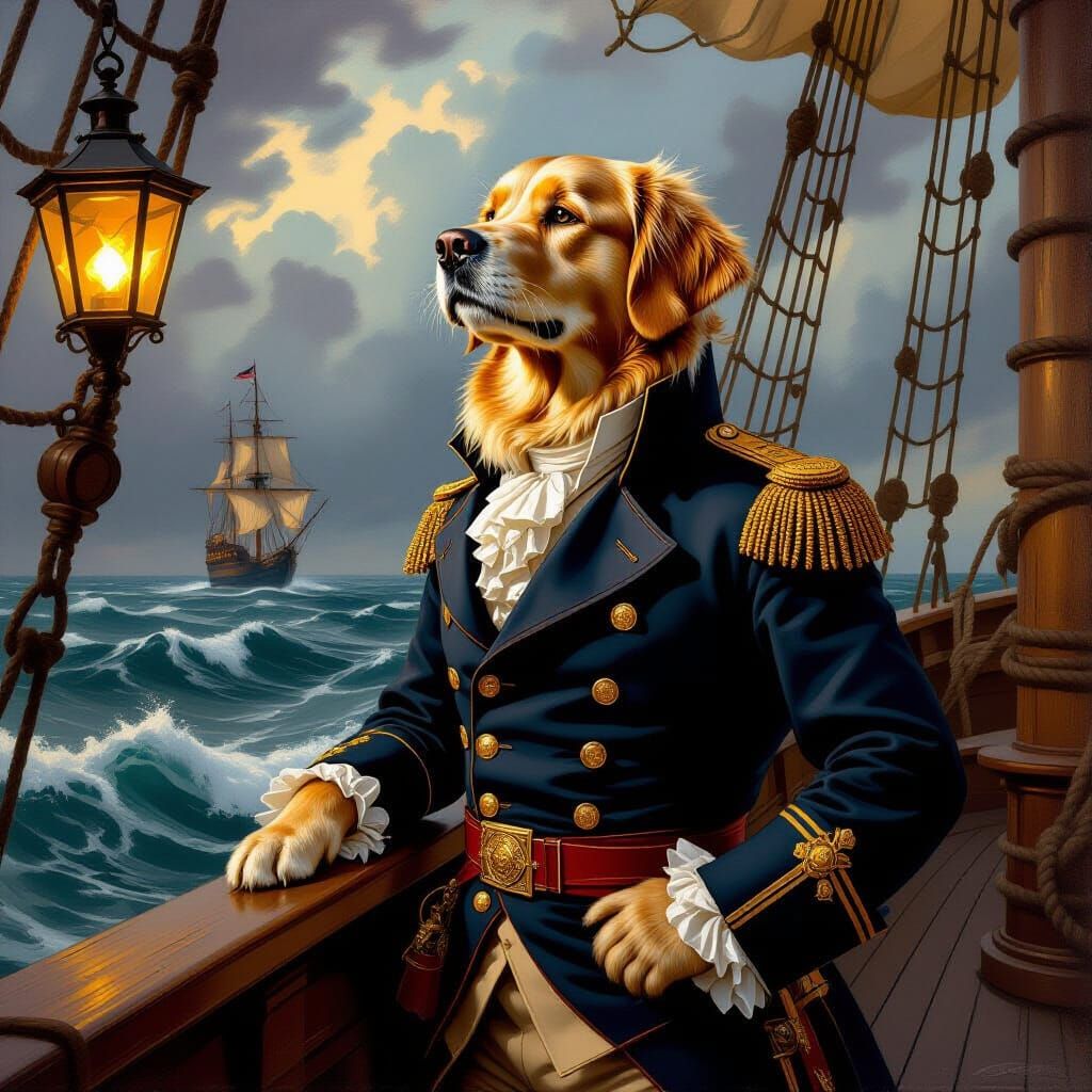 Golden Retriever Admiral on Stormy Seas, Portraiture Style