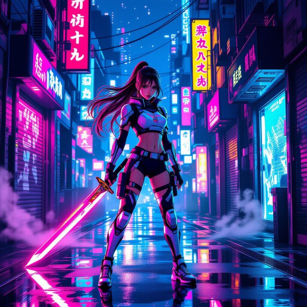 Cyberpunk Woman with Glowing Sword in Neon Alleyway