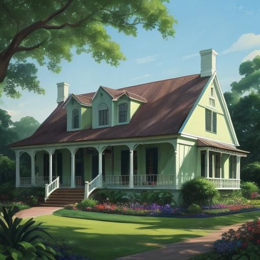Colonial Green House in Gouache Style