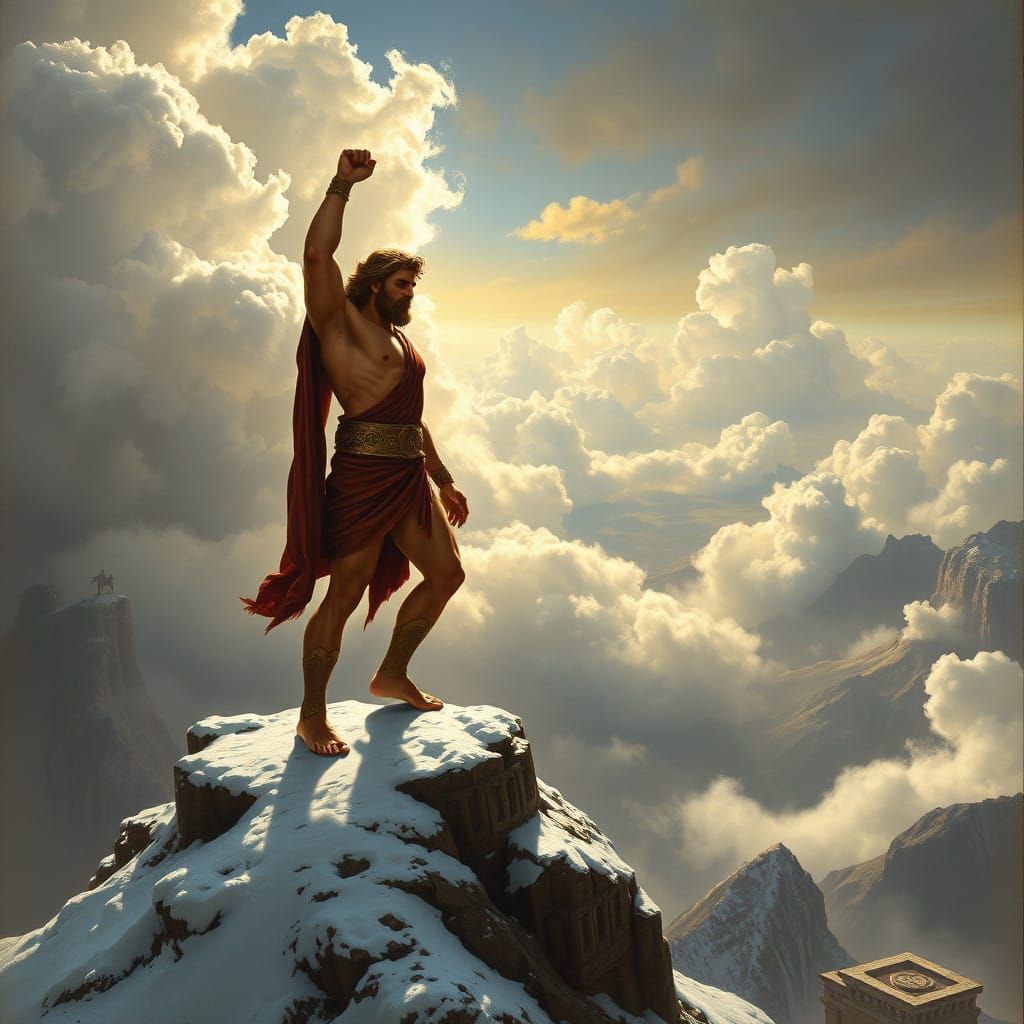 Hercules Standing on Mount Olympus in a Dramatic Waterhouse-...