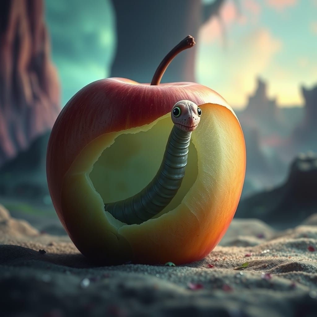Ethereal Worm Emerges from a Crispy Apple