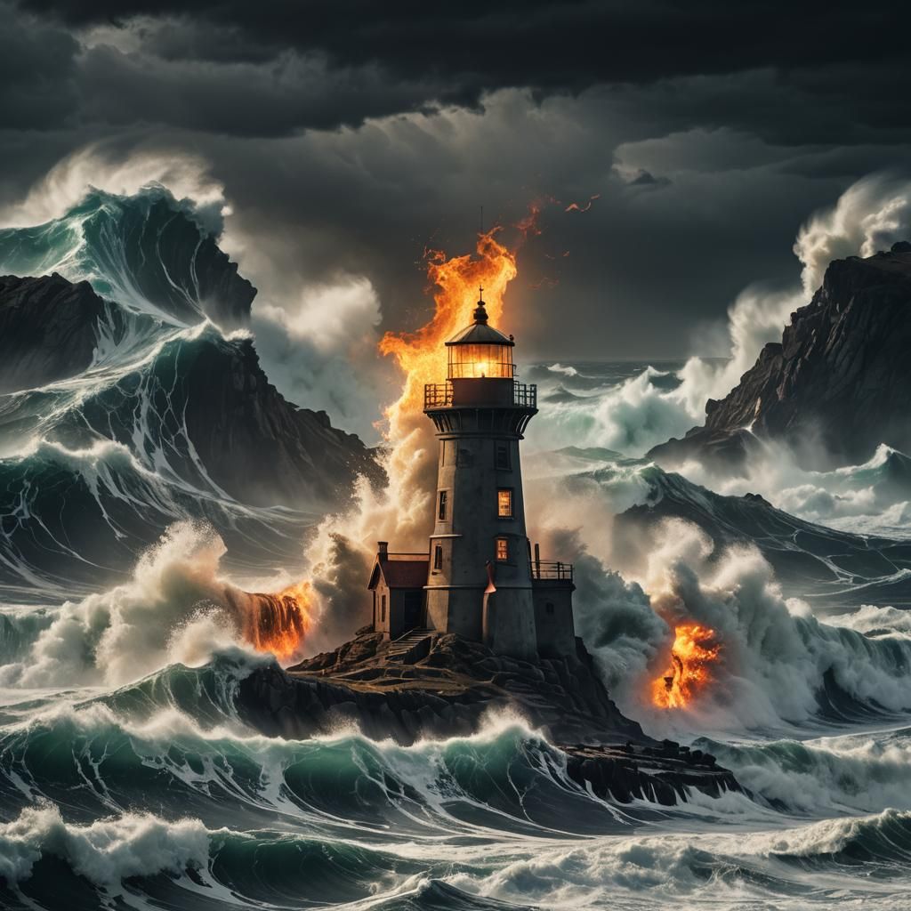 Lighthouse at World's End in Flaming Waves