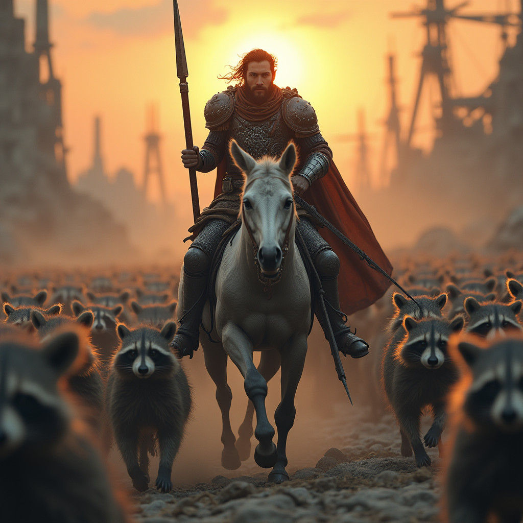 Knight Leads Raccoon Army in Post-Apocalyptic Battle