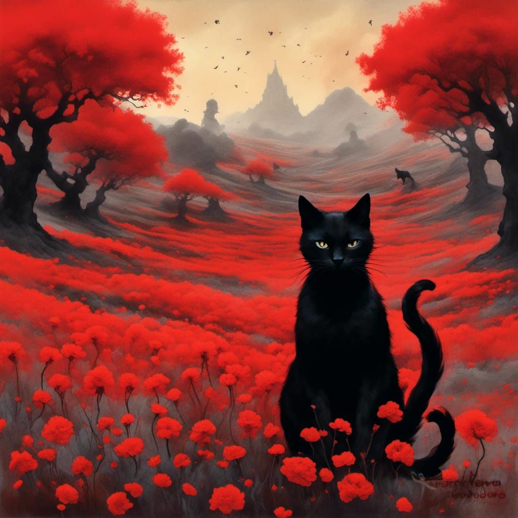 Black Cat with Big Hat in Red Flower Field