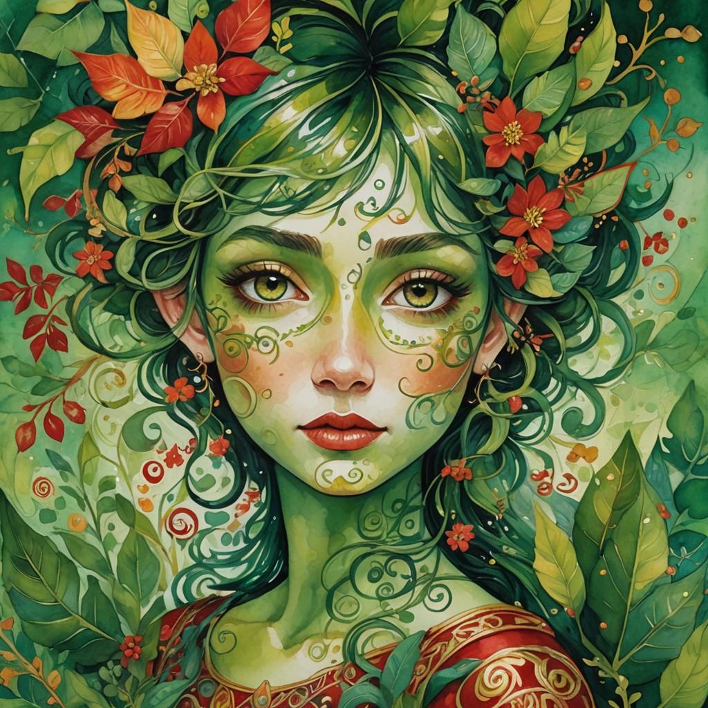 Whimsical Pixie Portrait in Folk Art Style