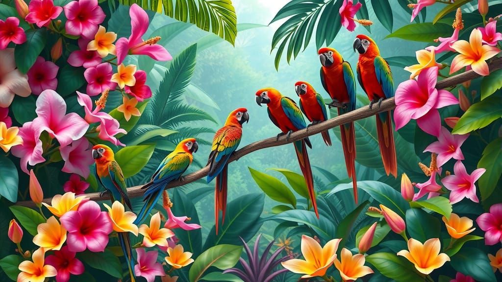 Vibrant Rainforest with Exotic Flowers and Parrots